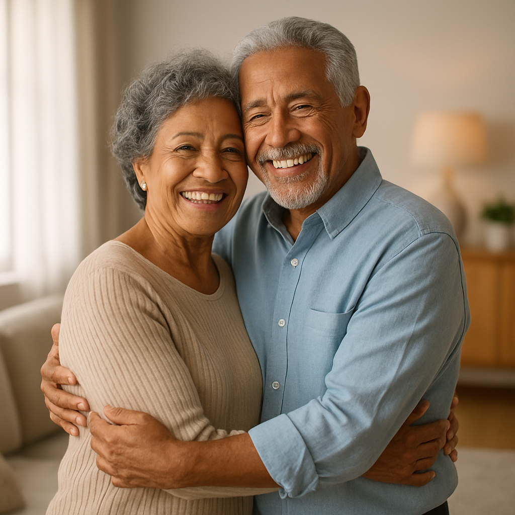 Casal sorridente com mais de 60 anos em ambiente acolhedor